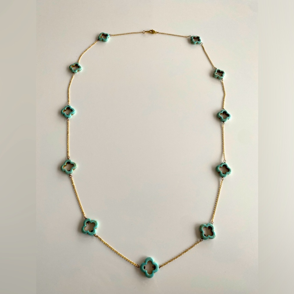 Long Yellow Gold Plated Chain Necklace with Turquoise like Charms